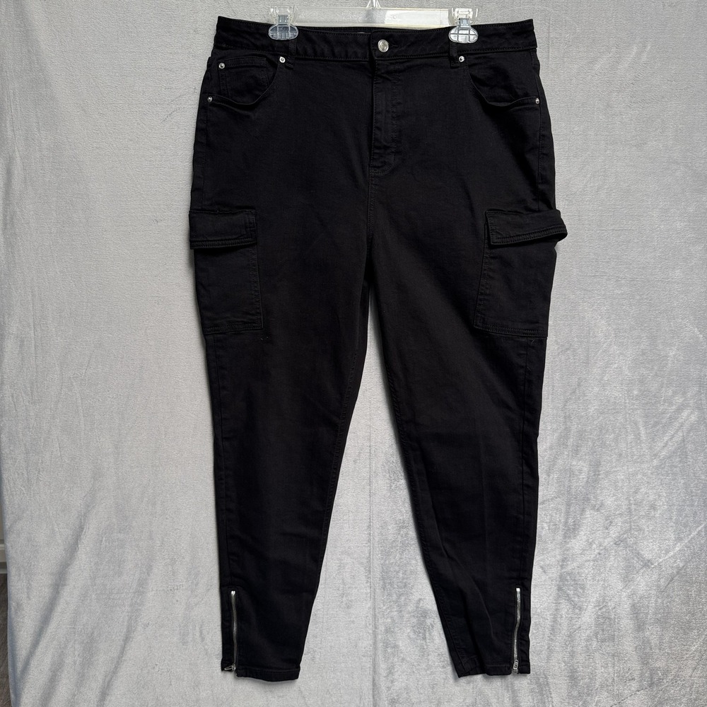 Primark Jeans Womens 14 Black Mid Rise Skinny‎ Cargo Ankle Zip Stretch Denim